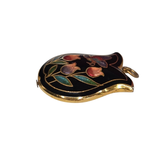 Vintage Cloisonné Tulip Pendant Butterfly Floral Black Enamel Gold Tone 1"x.75" - Picture 3 of 7
